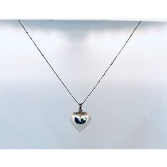 Estate 925 Sterling Silver Puffy Heart Pendant Necklace – Vintage Solid Charm - Picture 1 of 7